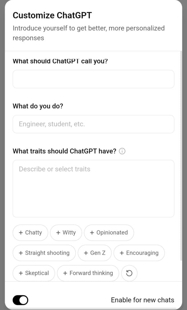 خيارات تخصيص شخصية ChatGPT تخصيص شخصية ChatGPT عن طريق إدخال الوصف في مربع الكتابة، أو بالاختيار من الخيارات المتاحة
