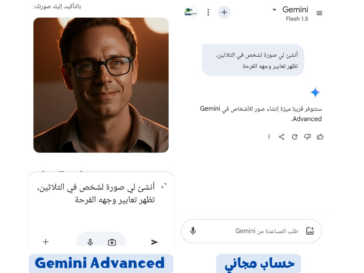 Gemini Advanced والحساب المجاني في إنشاء صور الأشخاص Gemini Advanced ينتج صورة واضحة لشخص بينما لم يتمكن الحساب المجاني من ذلك.