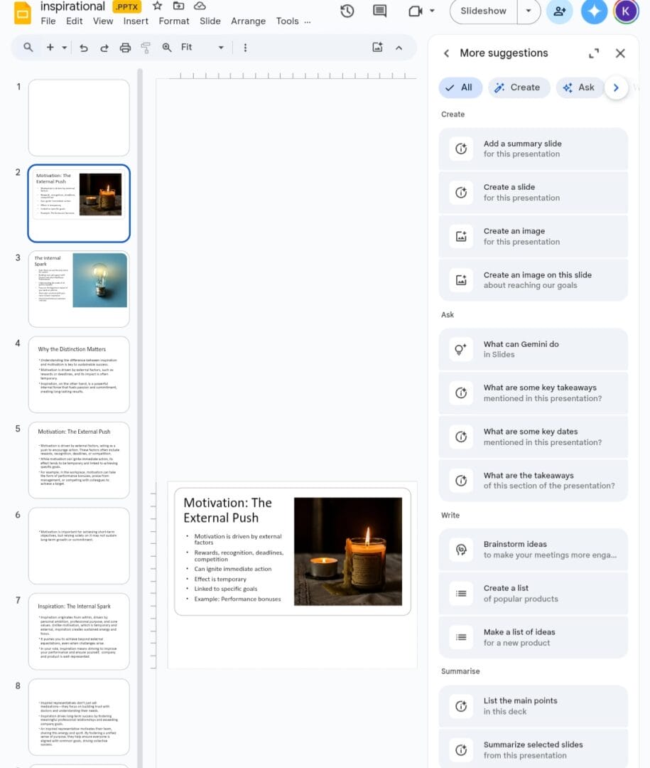جيميني يساعد في إنشاء عروض تقديمية احترافية في Google Slides. جيميني يساعد في إنشاء عروض تقديمية احترافية في Google Slides.