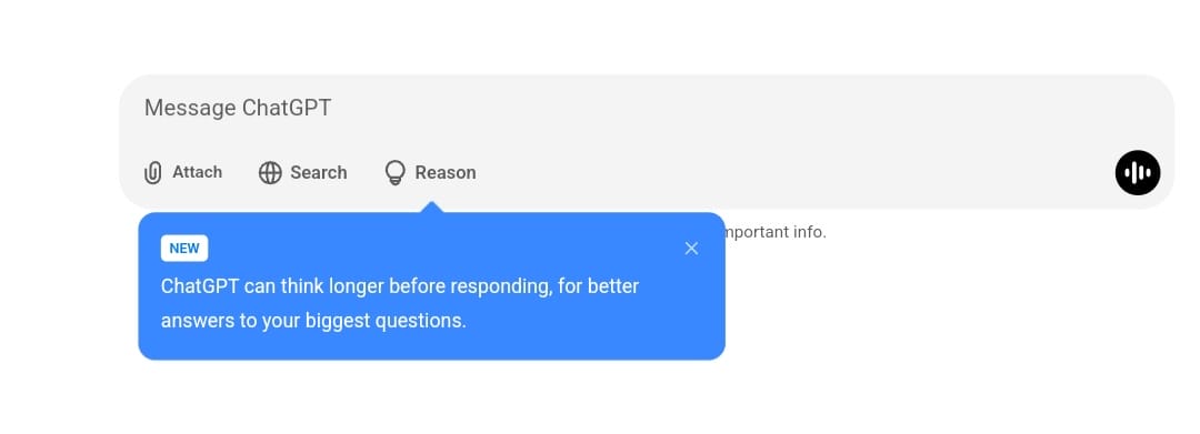واجهة o3-mini في ChatGPT نموذج o3-mini في ChatGPT، يمكن تشغيله بالضغط على زر "Reason"