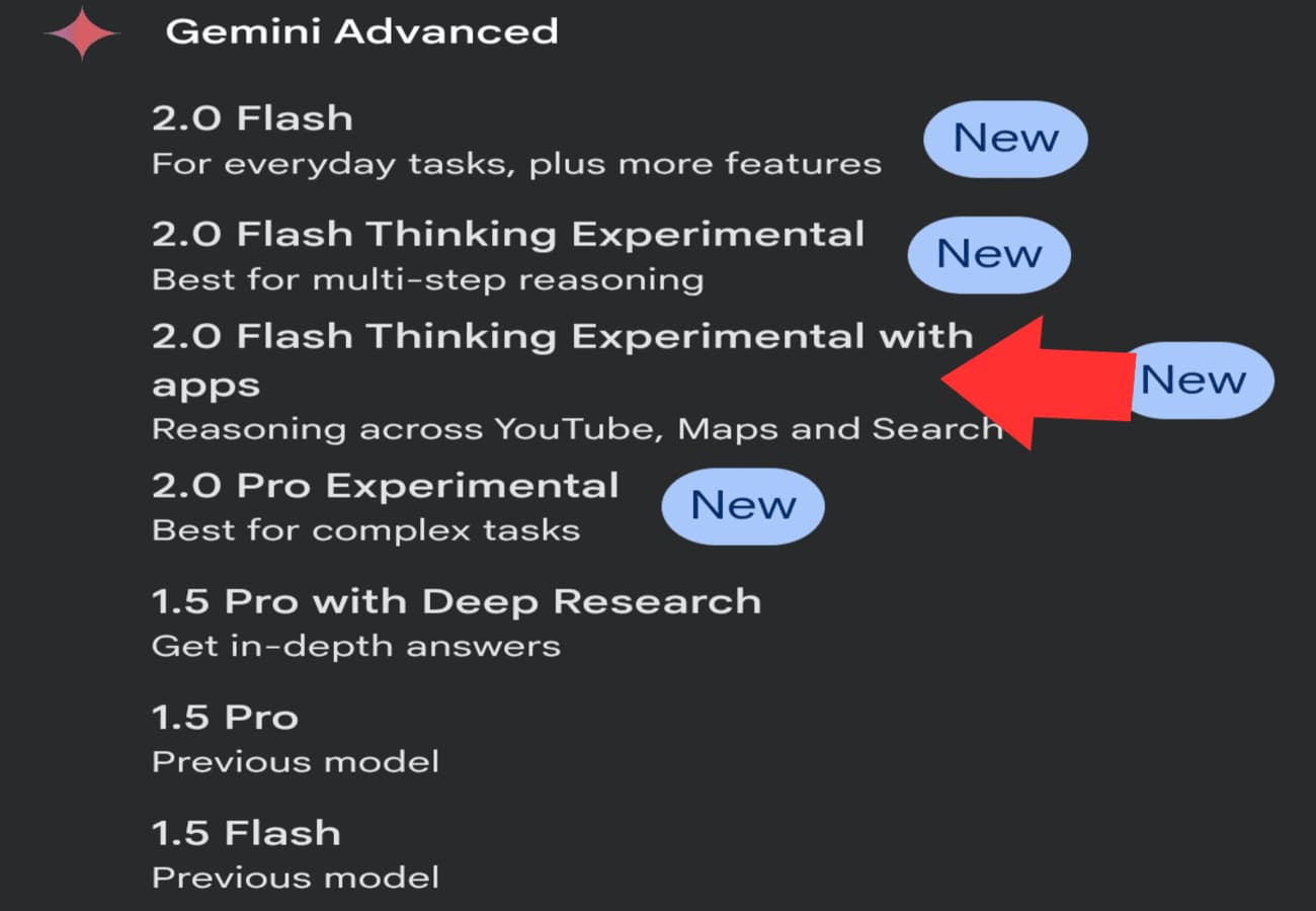 نموذج Gemini 2.0 Flash Thinking Experimental with apps قائمة نماذج Gemini 2.0 عبر موقع جيميني، تتضمن نموذج Flash Thinking Experimental with apps