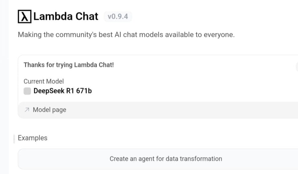واجهة منصة Lambda Chat المجانية، تعرض نموذج DeepSeek R1 671b المحدد كنموذج الدردشة الافتراضي