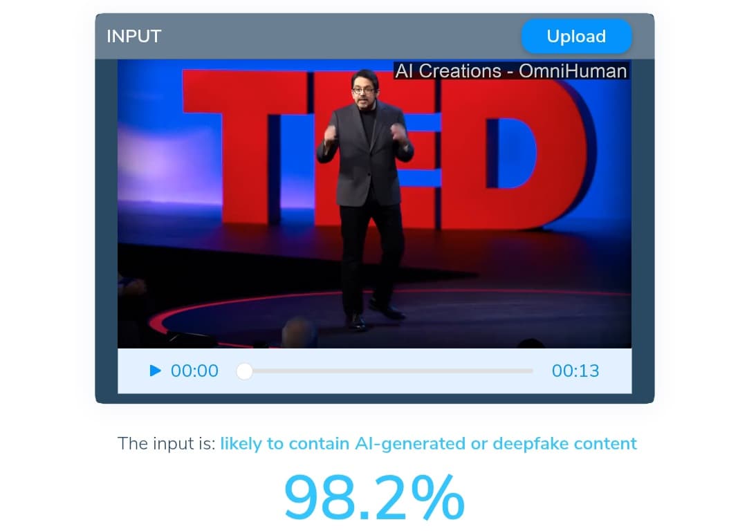 الكشف عن فيديو مولد بالذكاء الاصطناعي الكشف عن فيديو مولد باستخدام OmniHuman-1، مع تقرير تفصيلي من أداة Hive AI