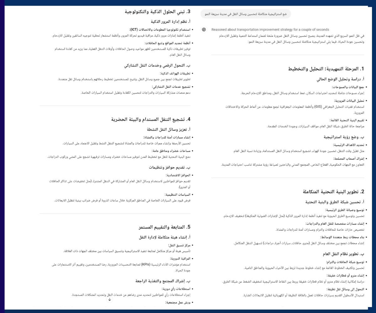 نموذج o3-mini يضع استراتيجية لتحسين النقل في المدن الكبرى قدرات ChatGPT o3-mini في التخطيط، حيث يقترح حلولًا لتحسين البنية التحتية للنقل الحضري