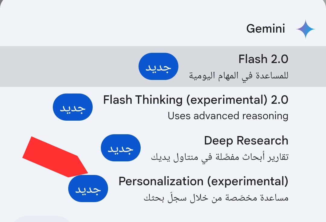 Gemini Personalization Experiment feature ضمن خيارات النماذج المتاحة في جيميني Gemini Personalization Experiment ضمن خيارات النماذج المتاحة في موقع جيميني عبر الويب
