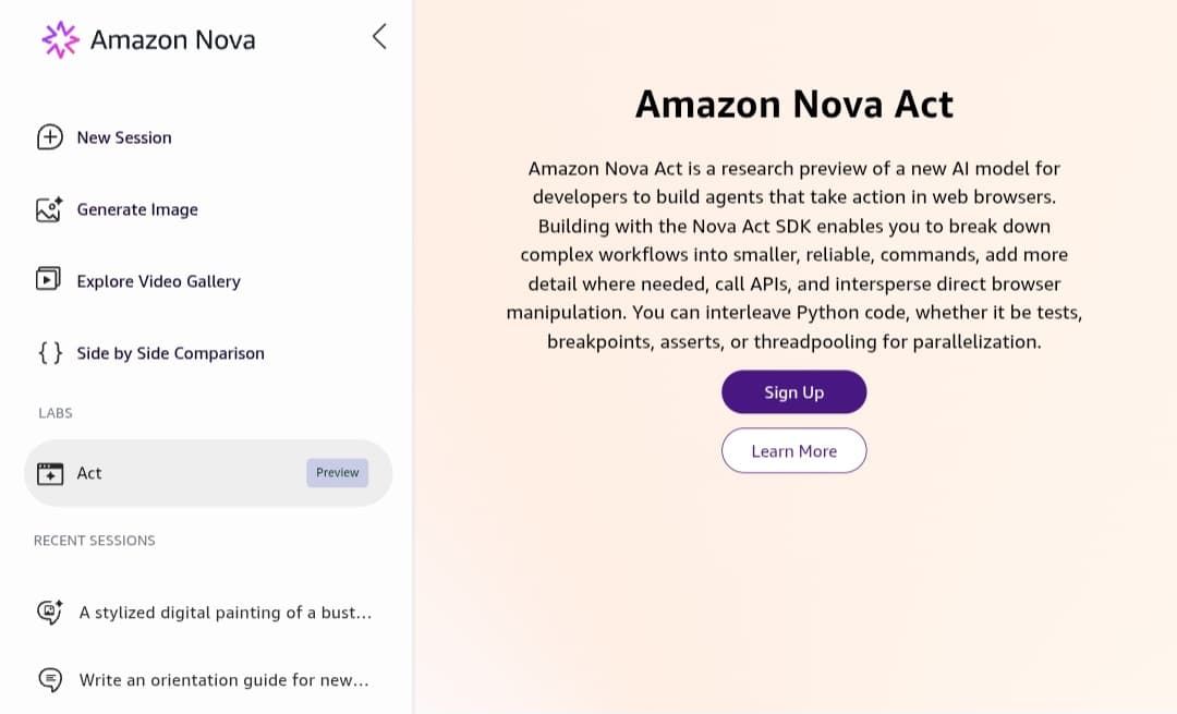 Interface section for Amazon Nova Act, indicating it's a 'Research Preview' for the AI agent building SDK.