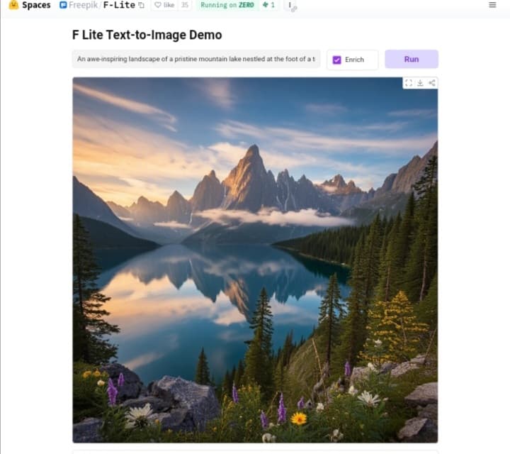 واجهة تجربة Freepik F-Lite على منصة HuggingFace واجهة تجربة نموذج F-Lite من Freepik على منصة HuggingFace لتوليد الصور بالذكاء الاصطناعي، مع مثال لإنشاء صورة لمشهد طبيعي بناءً على وصف نصي.