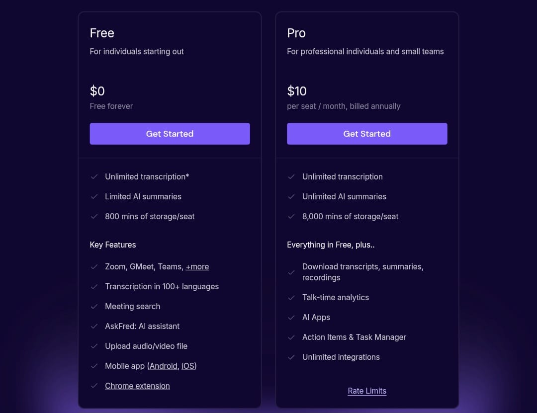 Fireflies.ai free plan features vs pro plan Two tables illustrating Fireflies.ai pricing, with one showing the Free plan features and the other the Professional plan features costing $10 monthly