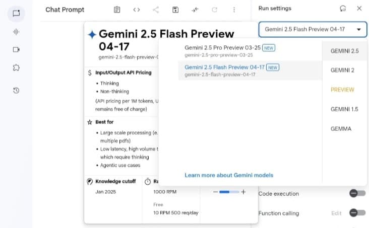 واجهة Google AI Studio تعرض نموذج Gemini 2.5 Flash Preview وتاريخ قطع المعرفة لقطة شاشة لواجهة Google AI Studio تُظهر اختيار نموذج Gemini 2.5 Flash Preview بتاريخ 17-04، مع إشارة إلى تاريخ قطع المعرفة في يناير 2025 ضمن إعدادات النموذج.