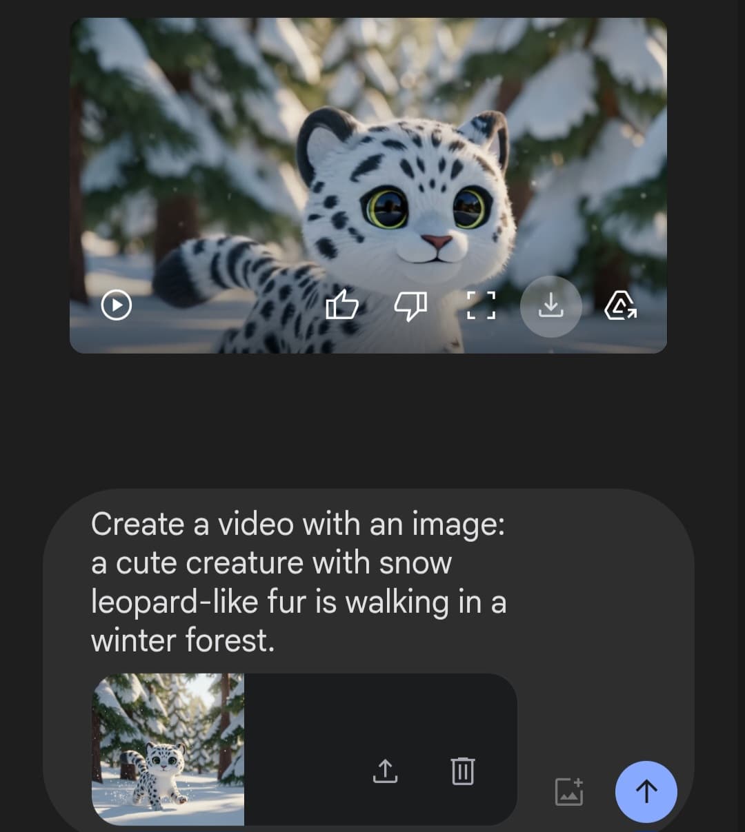 مثال لناتج أداة Veo-2 في Google AI Studio يظهر فيديو لمخلوق ثلجي والأمر النصي الذي تم استخدامه لتوليده مجانًا.