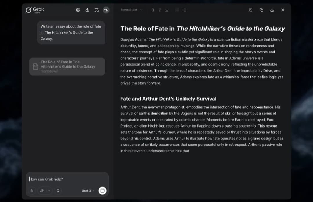 Grok Studio tool for creating and editing documents from xAI Screenshot of the Grok Studio interface showing its use in creating a text document (essay) via AI.