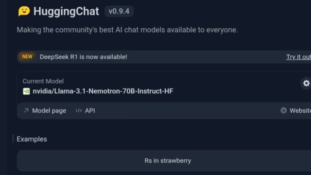 لقطة شاشة لواجهة منصة HuggingChat الرئيسية تعرض النموذج اللغوي المستخدم (Llama) وإشعار توفر نموذج DeepSeek R1، مع روابط لصفحة النموذج والواجهة البرمجية.