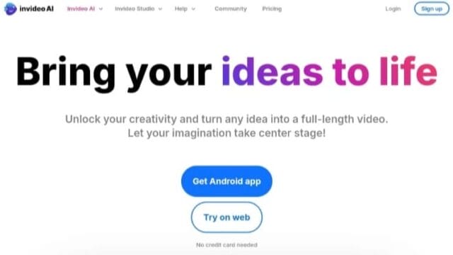 واجهة منصة InVideo AI لتحويل الأفكار إلى فيديوهات كاملة، مع دعوة لتجربة الأداة لإنشاء الفيديو بالذكاء الاصطناعي.