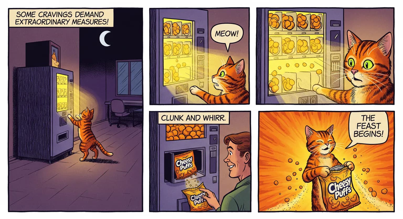 كوميك باستخدام Imagen 4 كوميك قطة "Cat Comic"، يشمل عدة صور تبرز قدرة Imagen 4 على كتابة النصوص بكفاءة ودقة عالية.