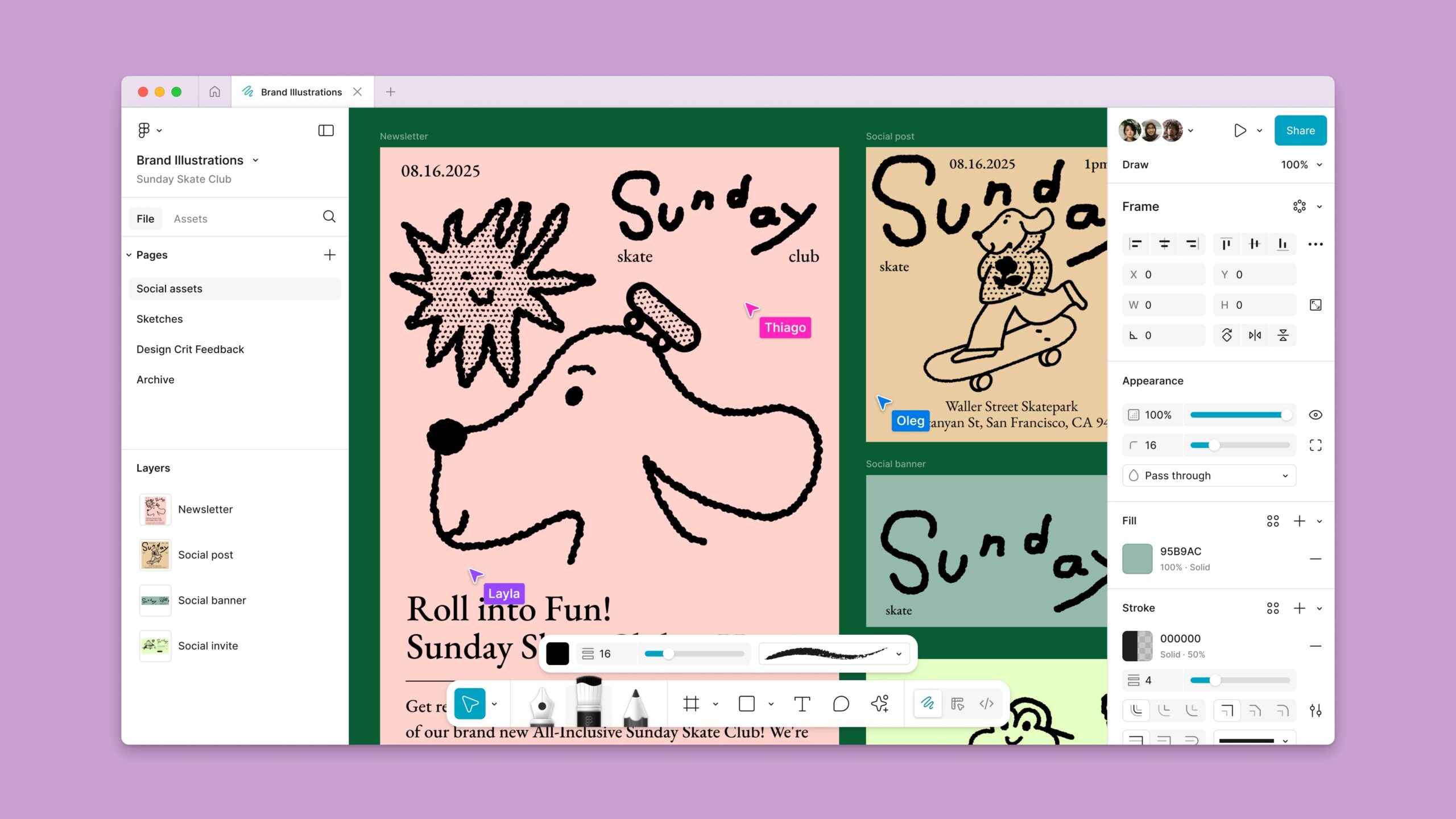 إنشاء الرسوم التوضيحية باستخدام Figma Draw واجهة أداة Figma Draw تعرض عملية إنشاء رسوم توضيحية للعلامة التجارية 'Sunday Skate Club'، مع أدوات الرسم المختلفة وقوالب لمنشورات وسائل التواصل الاجتماعي.