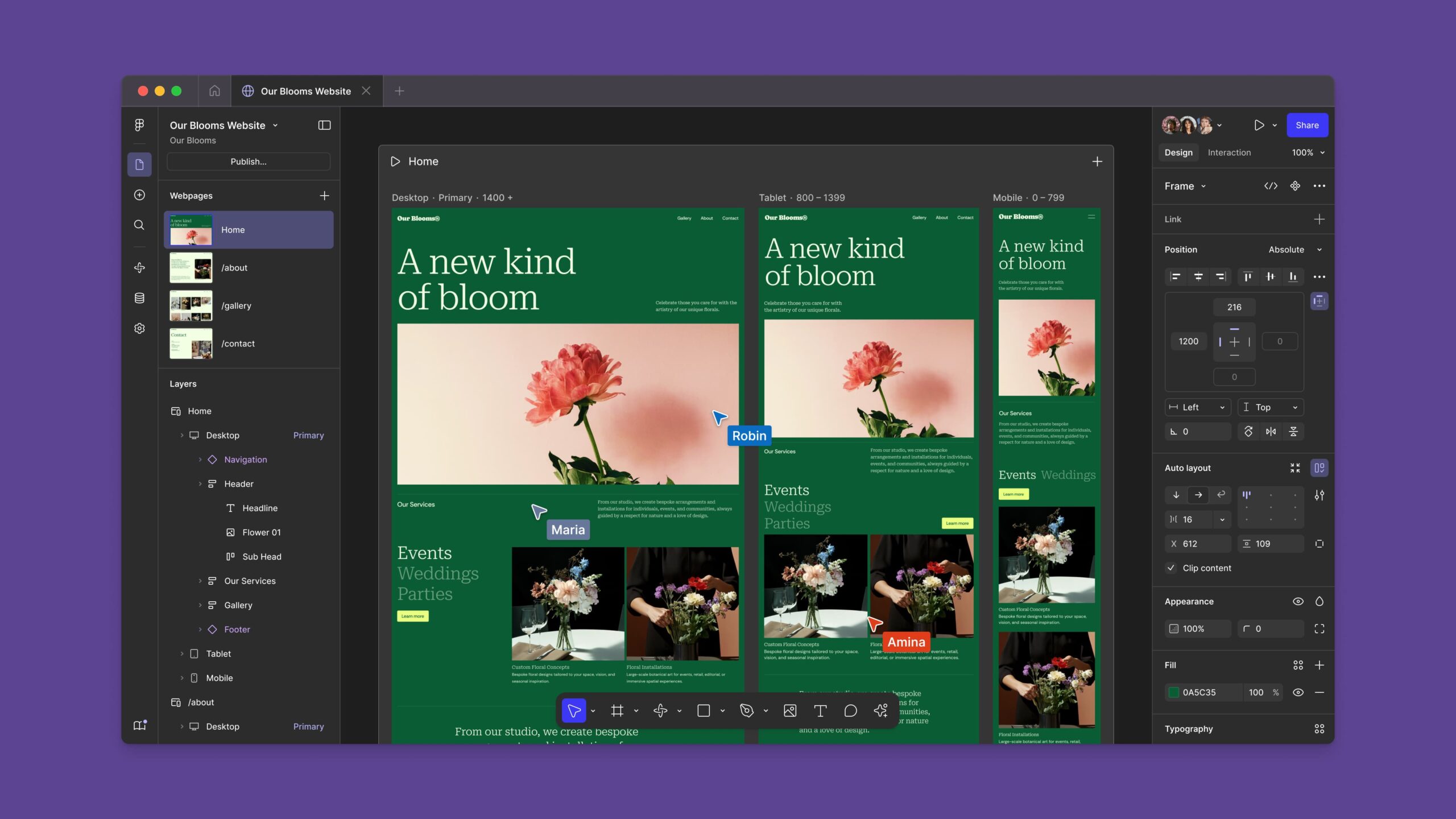 أداة Figma Sites لتصميم المواقع واجهة مستخدم Figma Sites تعرض عملية تصميم موقع ويب متجاوب (responsive) لمتجر زهور، مع معاينات لأحجام الشاشات المختلفة (سطح مكتب، تابلت، موبايل) وأدوات التعديل.