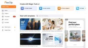 واجهة المستخدم داخل FlexClip، تظهر خيارات إنشاء الفيديوهات والصوت بالذكاء الاصطناعي، بالإضافة إلى قوالب تخصيص جاهزة.