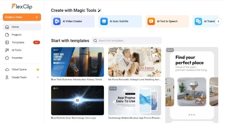 FlexClip user interface, showing AI video and audio creation options, along with ready-made customization templates.