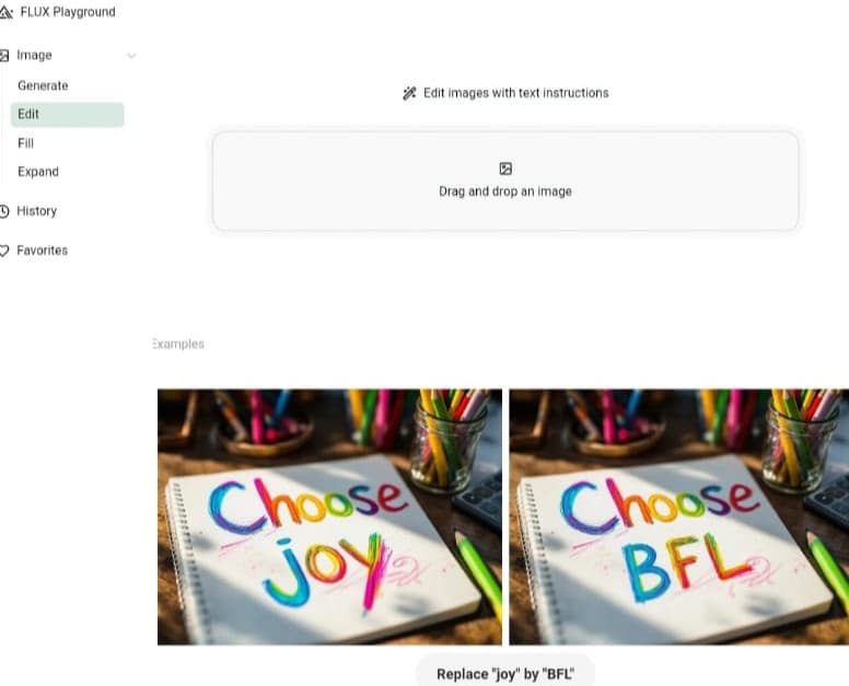 واجهة المستخدم في منصة Flux Playground واجهة المستخدم في منصة Flux Playground، مع خيار تحرير الصور بالذكاء الاصطناعي من خلال الأوامر النصية، وخيار رفع الصورة المراد تعديلها.