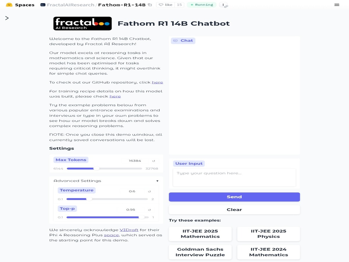 نموذج Fathom-R1-14B على هاجنج فيس واجهة الدردشة المجانية مع نموذج الذكاء الاصطناعي الهندي Fathom-R1-14B في أحد المساحات على منصة Hugging Face.