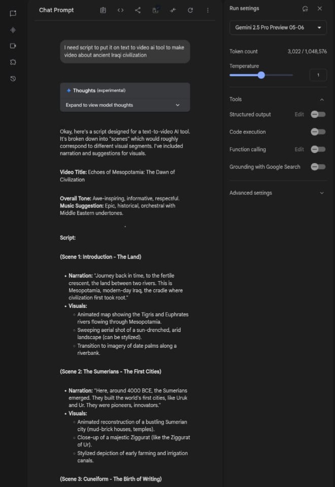 Example of a generated YouTube video script using Google Gemini