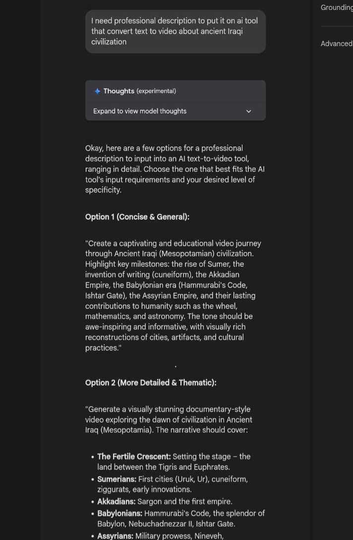 Example of a Prompt created using Gemini about iraqi civilization, to be used for video generation