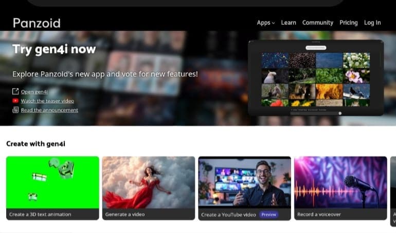 Panzoid platform interface with options for generating clips including YouTube videos, animations, and voice-overs.