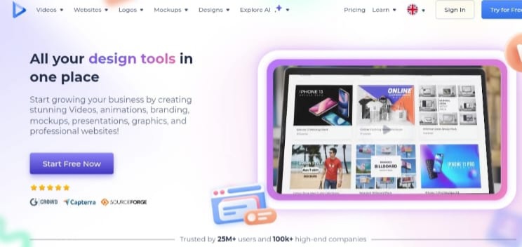 Renderforest platform interface, highlighting the title 'All Design Tools in One Place