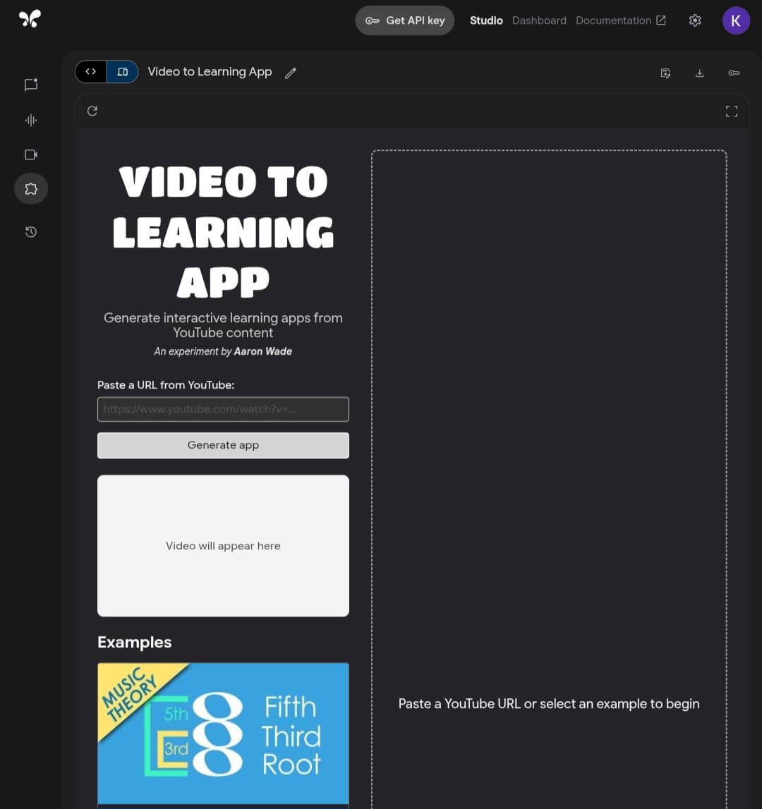 واجهة أداة تحويل الفيديو إلى تطبيق تعليمي في Google AI Studio لقطة شاشة لواجهة Google AI Studio تعرض أداة "Video to Learning App" لتحويل فيديوهات يوتيوب إلى تطبيقات تعليمية تفاعلية.