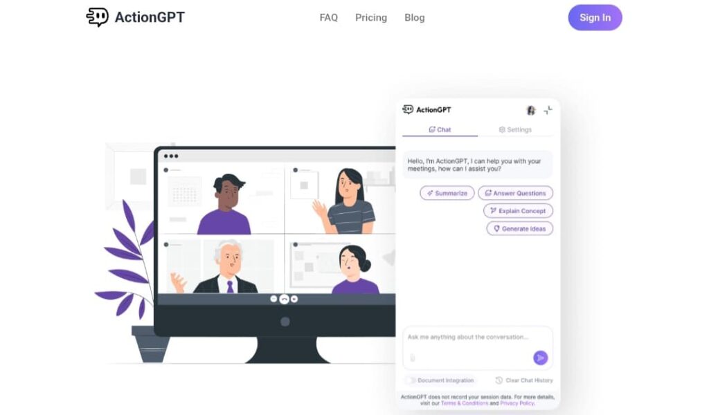 لقطة شاشة لـ ActionGPT تظهر واجهة المستخدم الرئيسية أثناء اجتماع فيديو، تعرض خيارات الدردشة لـ "تلخيص"، "الإجابة على الأسئلة"، و"استخلاص المهام". يؤكد النص بالأسفل على عدم تسجيل بيانات الجلسة.
