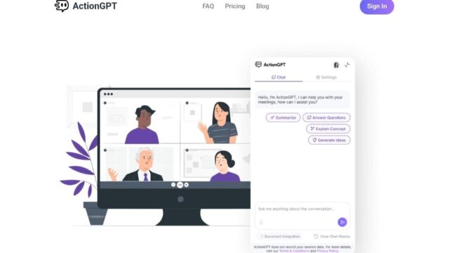 لقطة شاشة لـ ActionGPT تظهر واجهة المستخدم الرئيسية أثناء اجتماع فيديو، تعرض خيارات الدردشة لـ "تلخيص"، "الإجابة على الأسئلة"، و"استخلاص المهام". يؤكد النص بالأسفل على عدم تسجيل بيانات الجلسة.