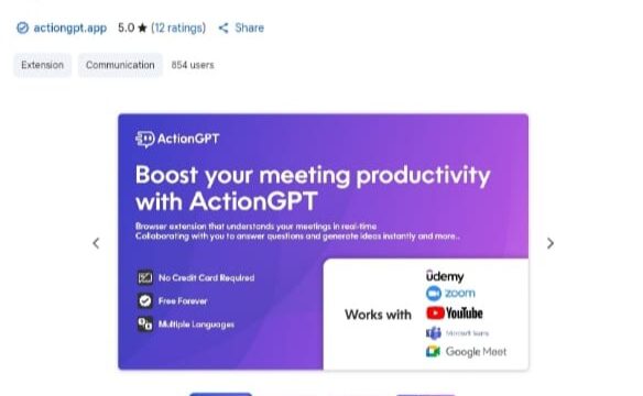 لقطة شاشة لصفحة ActionGPT في سوق Chrome الإلكتروني بعنوان "ActionGPT - ChatGPT for Meetings". توضح الإضافة كحل لزيادة إنتاجية الاجتماعات، وتبرز أنها "مجانًا للأبد"