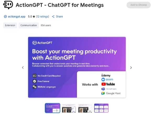 ActionGPT: The AI Chrome extension for meeting summaries Screenshot of the ActionGPT page on the Chrome Web Store, titled 'ActionGPT - ChatGPT for Meetings.' The extension is presented as a solution for increasing meeting productivity and is highlighted as 'Forever Free'.