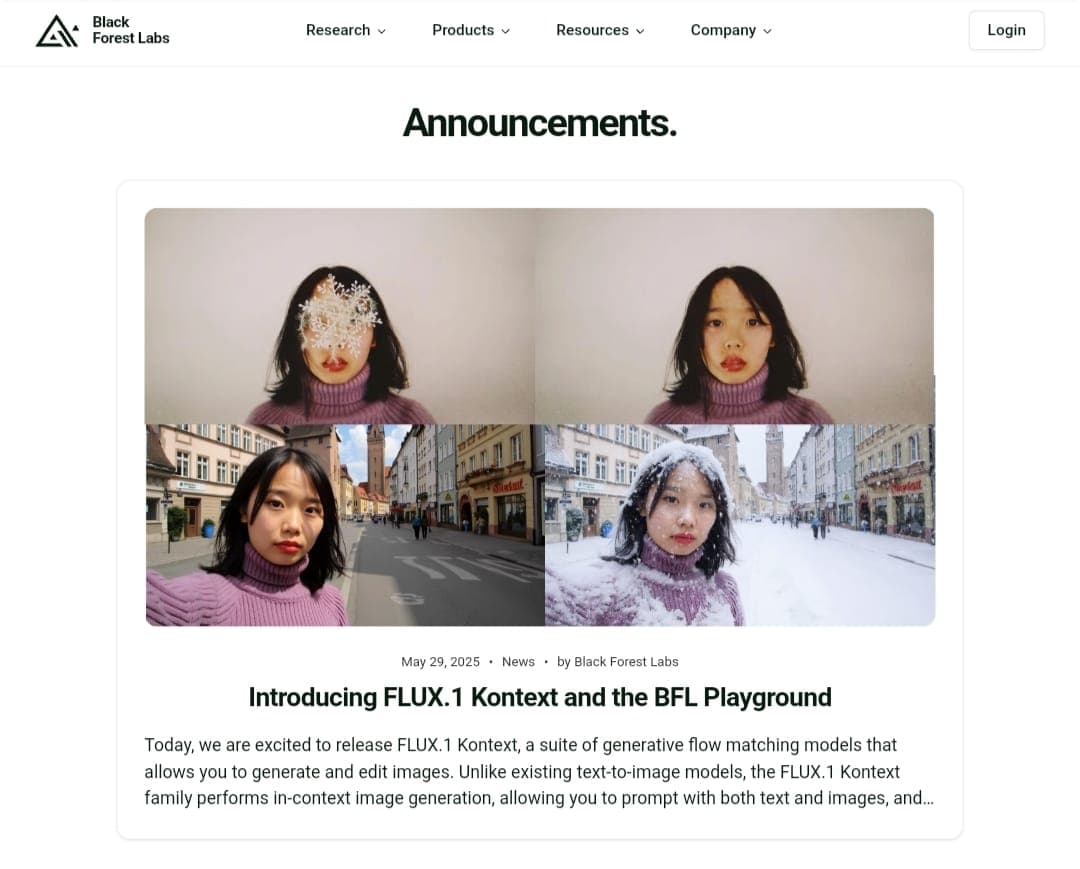 إعلان بلاك فورست لابس الرسمي عن نماذج FLUX.1 Kontext لقطة شاشة من صفحة الإعلان الرسمي لمختبرات بلاك فورست، تُظهر شبكة من أربع صور توضح قدرات نماذج FLUX.1 Kontext لتوليد الصور بالذكاء الاصطناعي، مع التركيز على تناسق الشخصيات والتعديل السياقي عبر مشاهد وبيئات متنوعة.