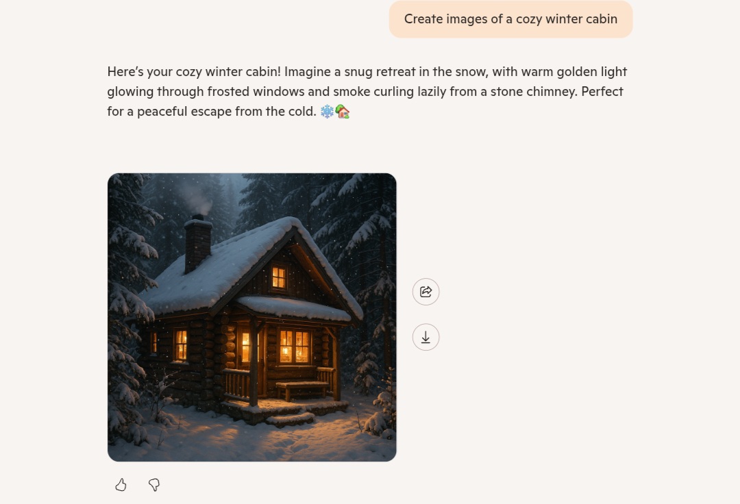 An image of a warm wooden cabin in a snow-covered winter forest, showing golden lights glowing from the windows and smoke rising from the chimney. It illustrates Microsoft Copilot's capabilities in generating realistic and detailed images using the GPT-4o AI model.