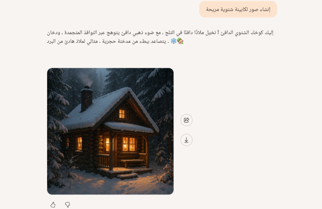 صورة كابينة شتوية دافئة مولدة بواسطة مايكروسوفت كوبايلوت GPT-4o صورة لكابينة خشبية دافئة في غابة شتوية مغطاة بالثلوج، تظهر الأضواء الذهبية المنبعثة من النوافذ ودخان يتصاعد من المدخنة، توضح قدرات مايكروسوفت كوبايلوت في توليد صور واقعية ومفصلة باستخدام نموذج GPT-4o للذكاء الاصطناعي.