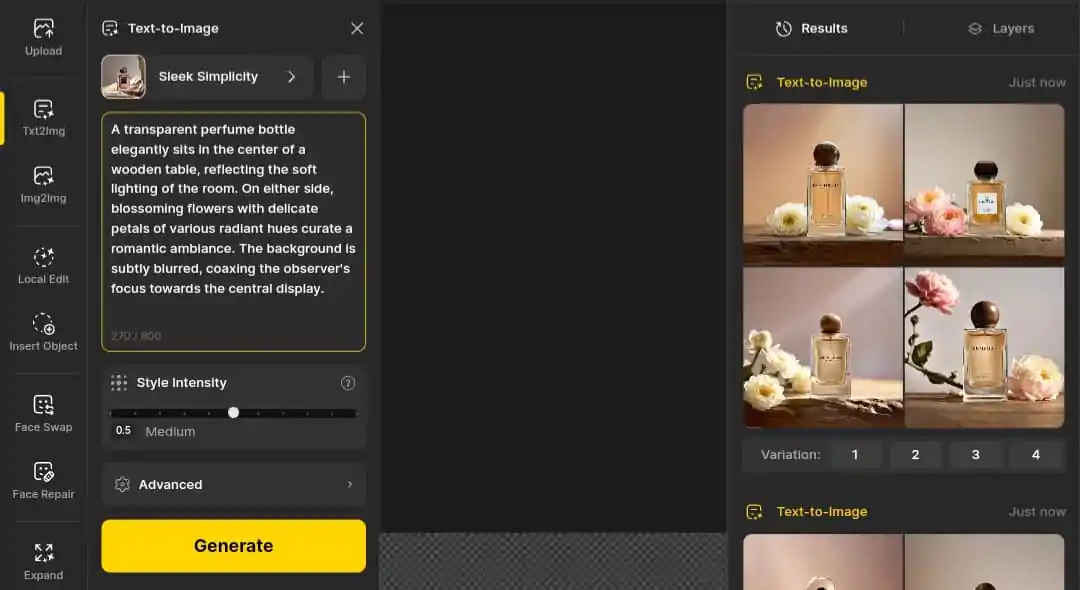Dzine.ai interface showing image generation with perfume bottle example image.