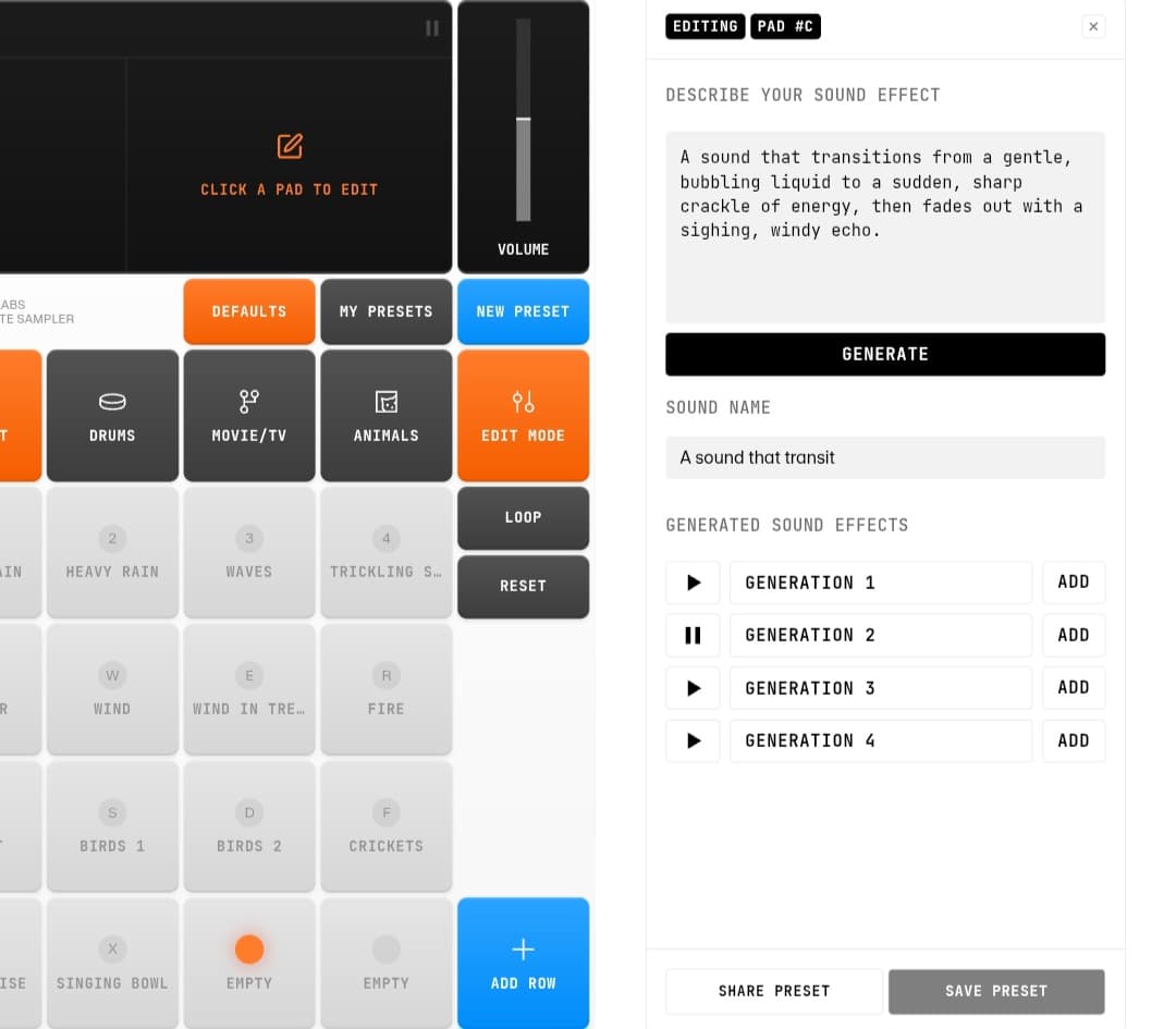 مثال عملي لتوليد مؤثر صوتي باستخدام ElevenLabs SB-1 : واجهة أداة ElevenLabs SB-1 تظهر عملية توليد مؤثر صوتي بناءً على وصف نصي لمثال "صوت ينتقل من سائل يغلي إلى فرقعة طاقة ويتلاشى بصدى عاصف"