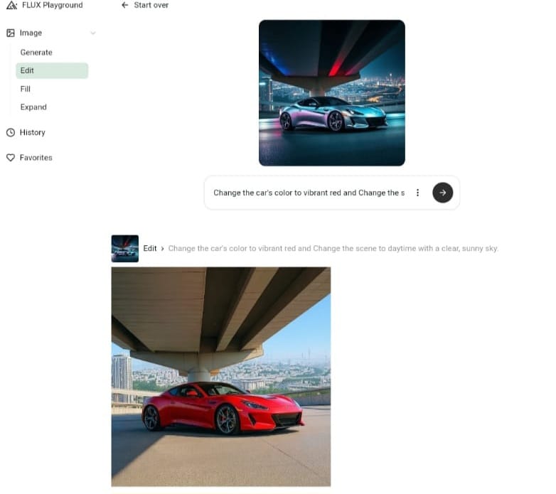 مثال عملى على تعديل الصور داخل Flux Playground لقطة شاشة من واجهة FLUX Playground، تُظهر سيارة رياضية فضية (الصورة الأصلية) تتحول إلى حمراء في مشهد نهاري (النتيجة)، بناءً على أمر نصي.