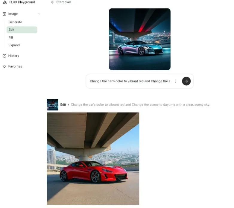 Practical Example of Image Editing within Flux Playground Screenshot from FLUX Playground interface, showing a silver sports car (original image) transforming into red in a daytime scene (result), based on a text prompt.
