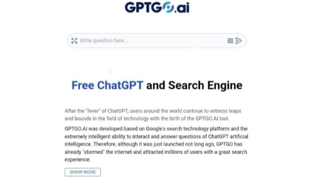 شاشة واجهة GPTGO الرئيسية مع شريط البحث والعنوان 'Free ChatGPT and Search Engine'.