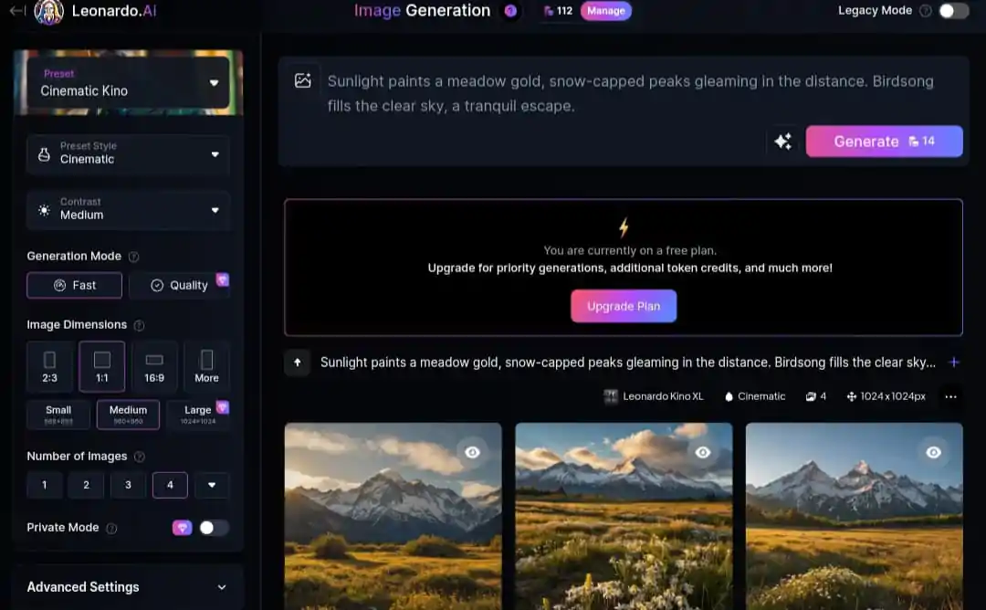 Leonardo.ai image generation interface, with an example of generated image