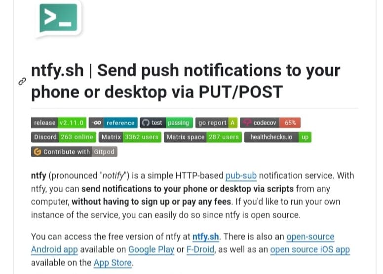 خدمة Ntfy المجانية لإرسال إشعارات push لقطة شاشة لصفحة خدمة Ntfy لإرسال إشعارات push، تعرض شعار التطبيق (أيقونة طرفية)، العنوان الرئيسي "ntfy.sh | Send push notifications to your phone or desktop via PUT/POST"، وبعض الإحصائيات، بالإضافة إلى وصف موجز للخدمة كأداة إشعارات مفتوحة المصدر.