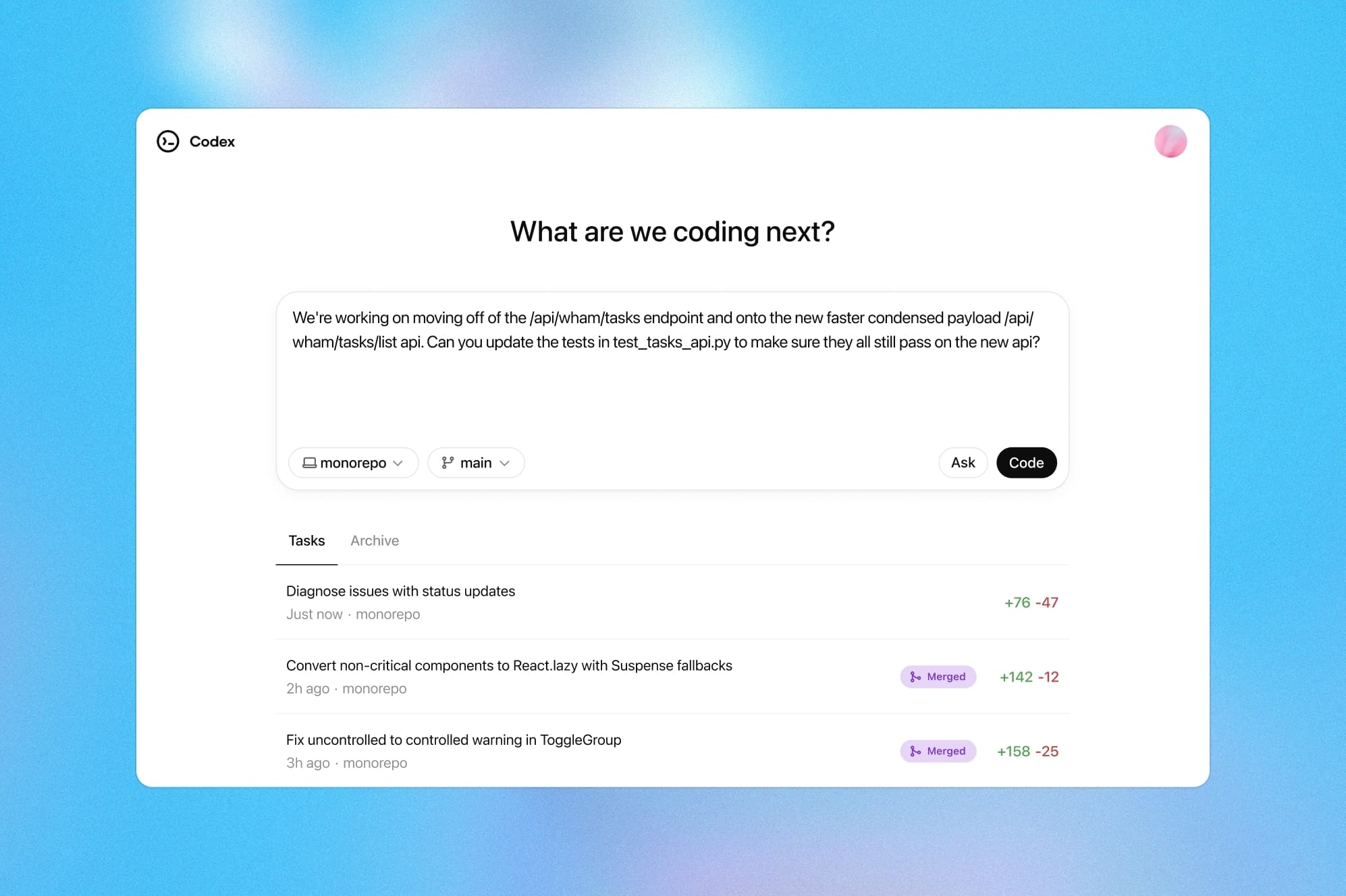 Boost productivity with OpenAI Codex's easy interface for managing programming tasks. OpenAI Codex user interface showing how to give programming commands in natural language and track completed tasks.