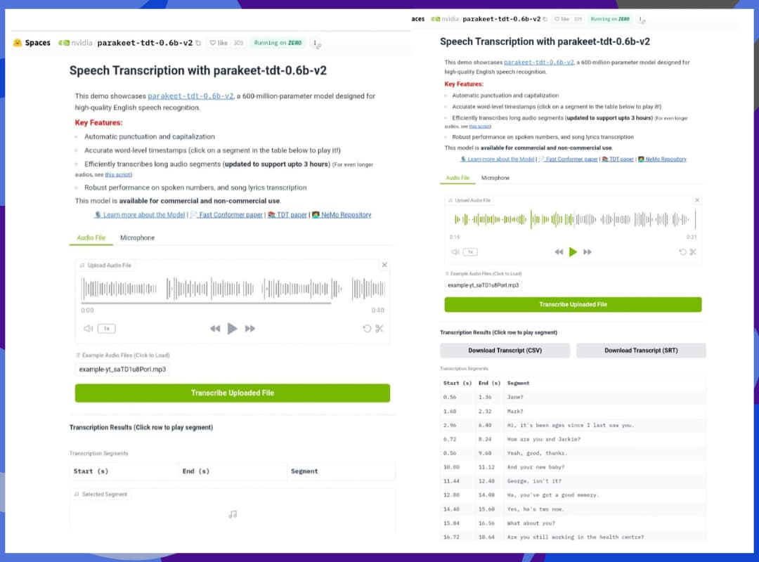 Example of the interface and audio transcription results for the Parakeet-tdt-0.6b-v2 tool on Hugging Face Screenshot of the Parakeet-tdt-0.6b-v2 tool interface on Hugging Face, showing an example of audio transcription results with timestamps for each segment and accurately transcribed text.