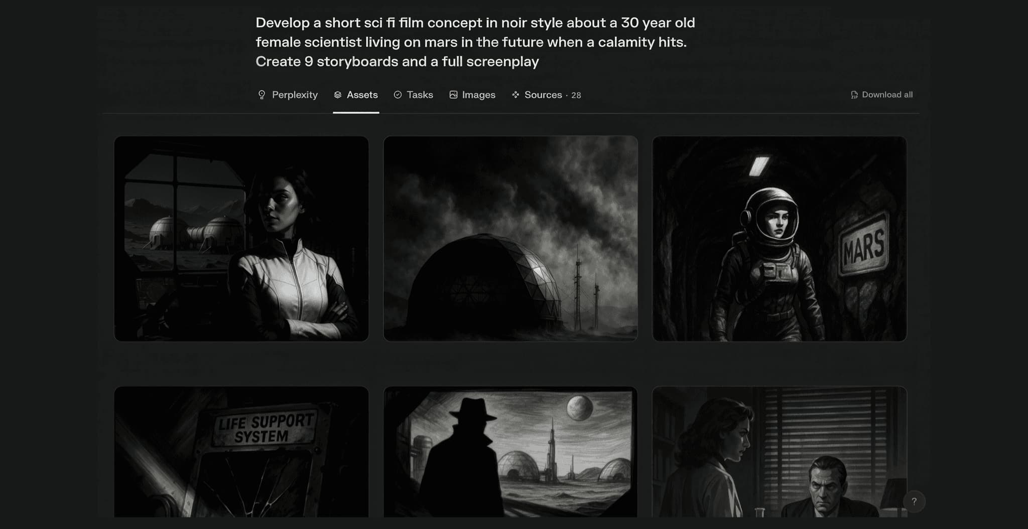 مثال على توليد لوحات قصصية لفيلم بواسطة Perplexity Labs شاشة من Perplexity Labs توضح كيف تُنشئ صوراً ومخططات لقصة فيلم خيال علمي من نص، مع عرض صور متعددة بنفس النمط.