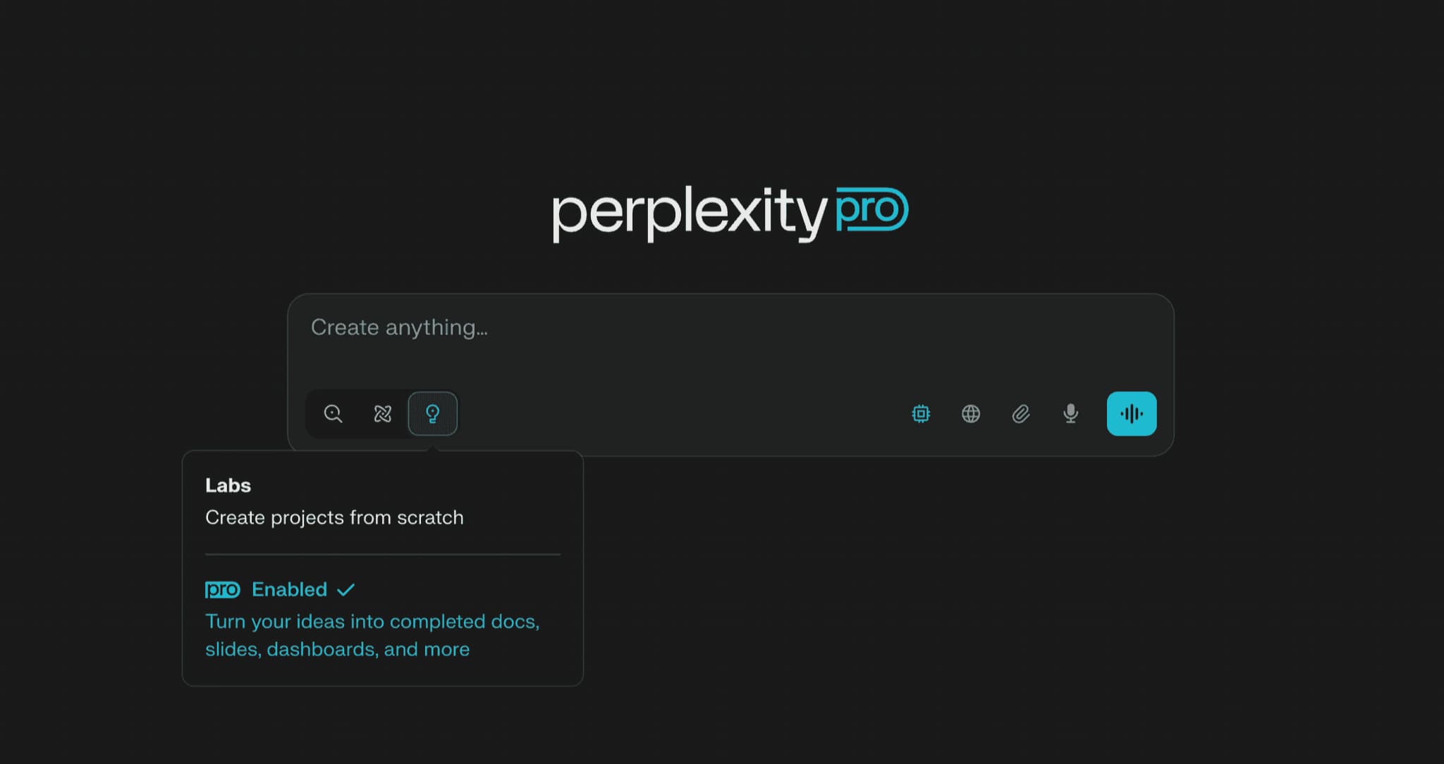 واجهة Perplexity Pro مع خيار إنشاء مشاريع "Labs" لقطة شاشة لواجهة منصة Perplexity Pro، تُظهر مربع بحث رئيسي وخيار "Labs" الذي يسمح بإنشاء مشاريع من الصفر وتحويل الأفكار إلى مستندات، عروض تقديمية، ولوحات تحكم تفاعلية.