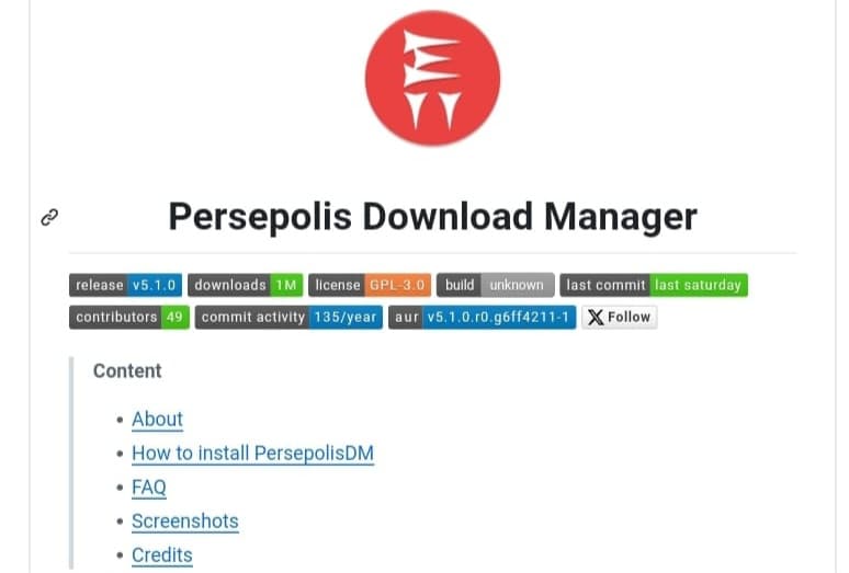 صفحة مشروع Persepolis Download Manager مفتوح المصدر على GitHub لقطة شاشة لصفحة Persepolis Download Manager على GitHub، تعرض شعار التطبيق، العنوان، وإحصائيات هامة مثل عدد التحميلات (1 مليون)، الترخيص (GPL-3.0)، وعدد المساهمين (49).