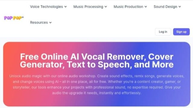 الصفحة الرئيسية لموقع PopPop.ai تعرض أدوات الذكاء الاصطناعي المجانية لإزالة صوت المغني وتوليد الأغلفة وتحويل النص إلى كلام والمزيد.