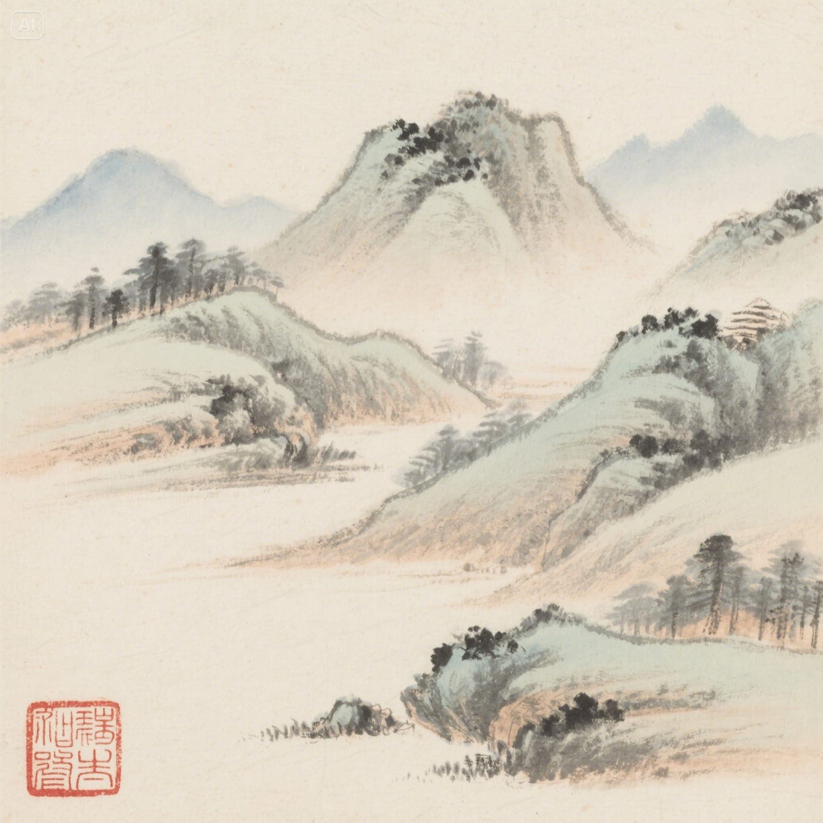SeeDream 3.0: Chinese Style Mountain Landscape with Red Stamp SeeDream 3.0 image: Traditional Chinese painting of mountain landscape with a red stamp.